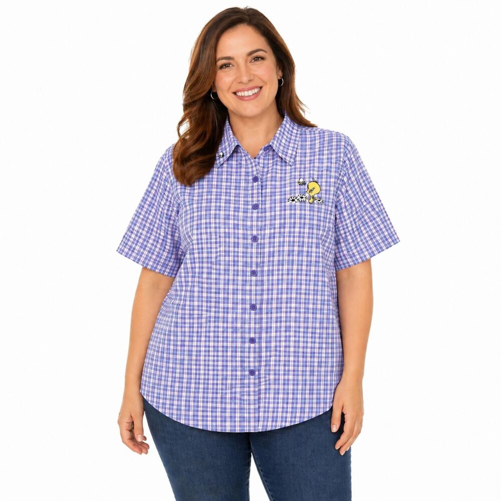 Looney Tunes Tweety Bird Shirt Size 14W Purple Plaid